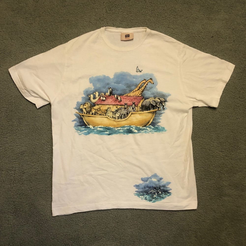 Vtg Faded Glory Noahs Ark Graphic T-Shirt White Style Animals Dove Jesus Tee